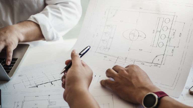 Technical drawings on a table